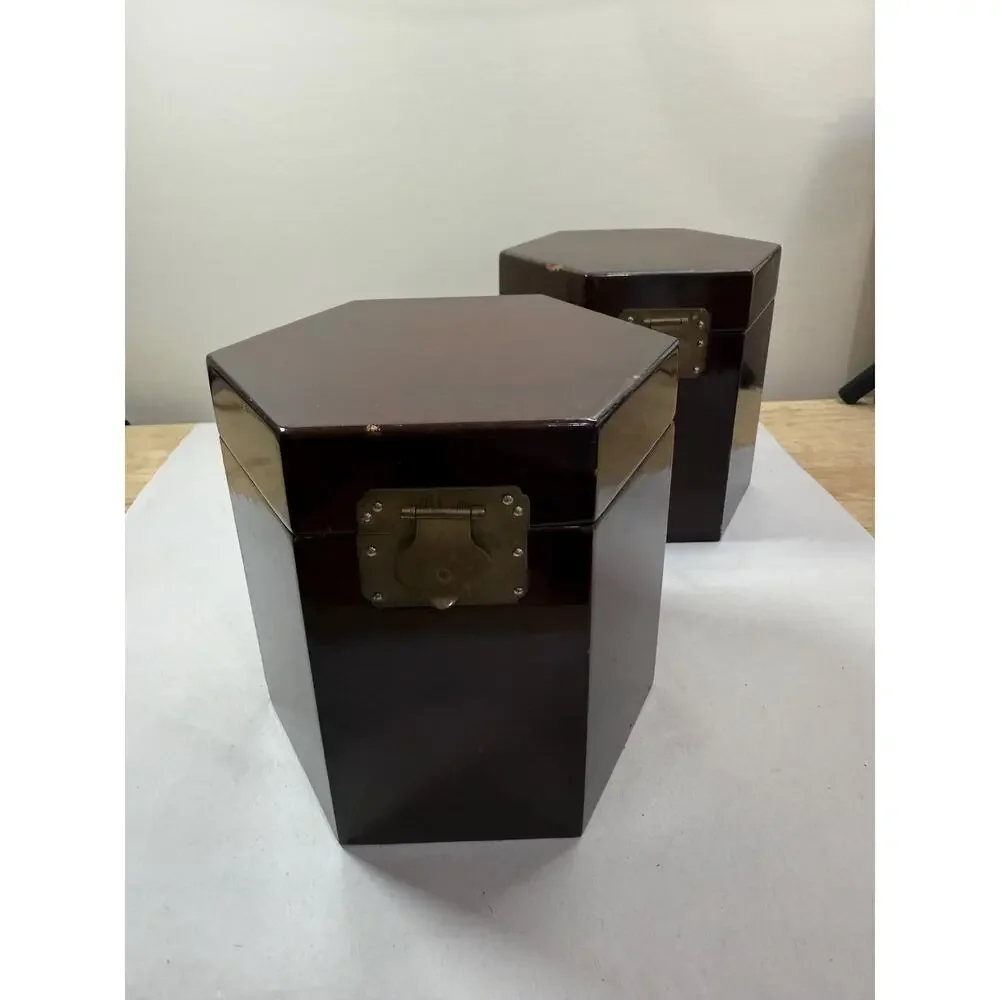 Vintage Chinese Hexagonal Lacquer Wood Boxes Set of 2, Brass Hardware, Green
